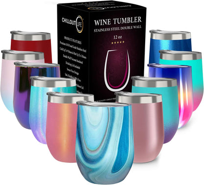 12 oz Stainless Steel Wine Tumblers 2 Pack - Double Wall Vacuum Insulated Wine Glasses Cups with Lids and Straws Set Keeping Cold & Hot for Coffee, Beer, Ice Cream - Dishwasher Safe