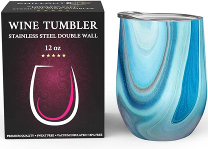 12 oz Stainless Steel Wine Tumblers 2 Pack - Double Wall Vacuum Insulated Wine Glasses Cups with Lids and Straws Set Keeping Cold & Hot for Coffee, Beer, Ice Cream - Dishwasher Safe