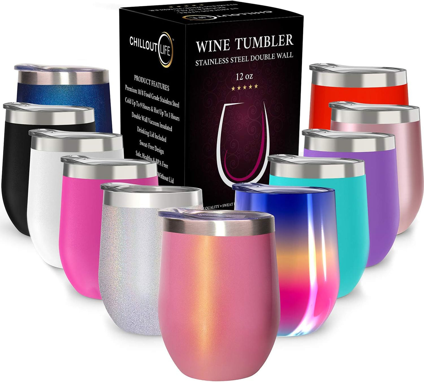 12 oz Stainless Steel Wine Tumblers 2 Pack - Double Wall Vacuum Insulated Wine Glasses Cups with Lids and Straws Set Keeping Cold & Hot for Coffee, Beer, Ice Cream - Dishwasher Safe