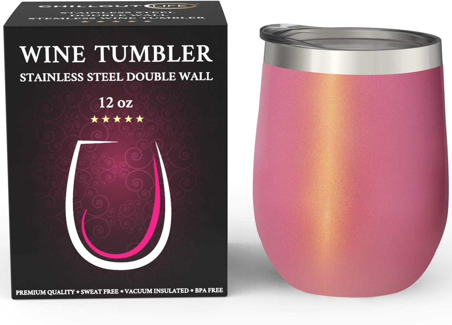 12 oz Stainless Steel Wine Tumblers 2 Pack - Double Wall Vacuum Insulated Wine Glasses Cups with Lids and Straws Set Keeping Cold & Hot for Coffee, Beer, Ice Cream - Dishwasher Safe