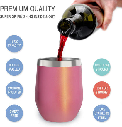 12 oz Stainless Steel Wine Tumblers 2 Pack - Double Wall Vacuum Insulated Wine Glasses Cups with Lids and Straws Set Keeping Cold & Hot for Coffee, Beer, Ice Cream - Dishwasher Safe