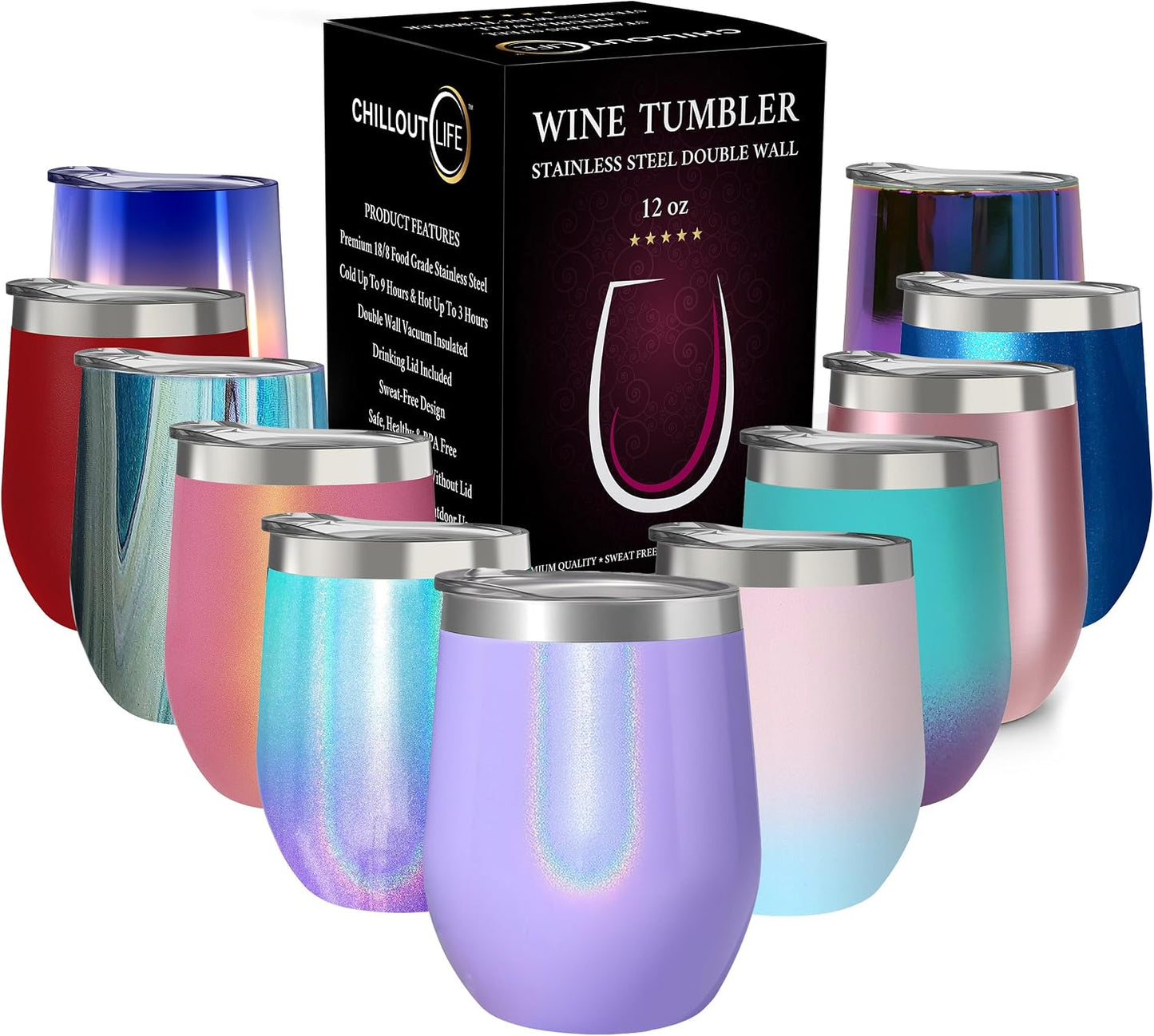 12 oz Stainless Steel Wine Tumblers 2 Pack - Double Wall Vacuum Insulated Wine Glasses Cups with Lids and Straws Set Keeping Cold & Hot for Coffee, Beer, Ice Cream - Dishwasher Safe
