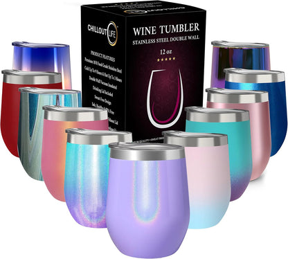 12 oz Stainless Steel Wine Tumblers 2 Pack - Double Wall Vacuum Insulated Wine Glasses Cups with Lids and Straws Set Keeping Cold & Hot for Coffee, Beer, Ice Cream - Dishwasher Safe