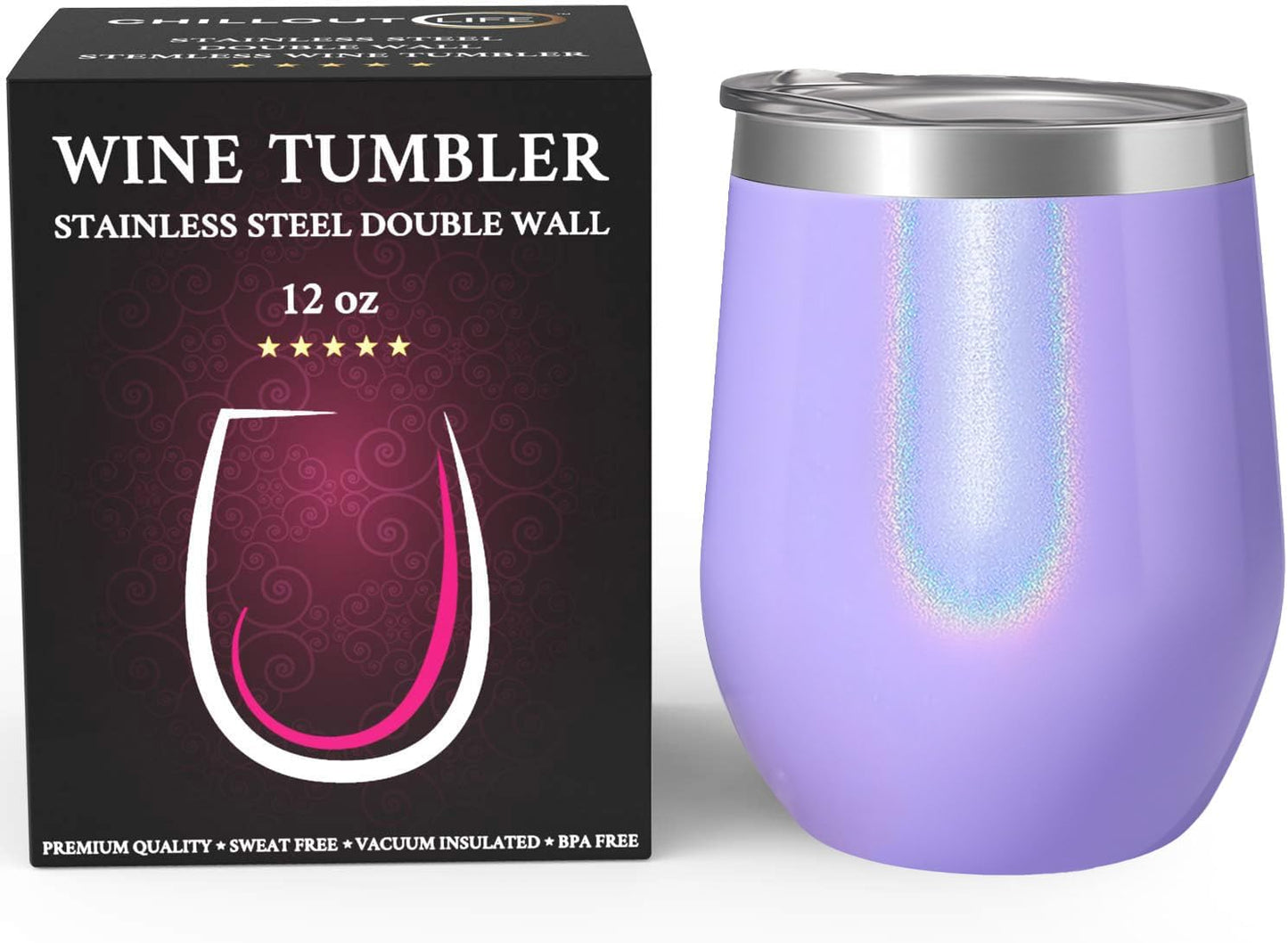 12 oz Stainless Steel Wine Tumblers 2 Pack - Double Wall Vacuum Insulated Wine Glasses Cups with Lids and Straws Set Keeping Cold & Hot for Coffee, Beer, Ice Cream - Dishwasher Safe