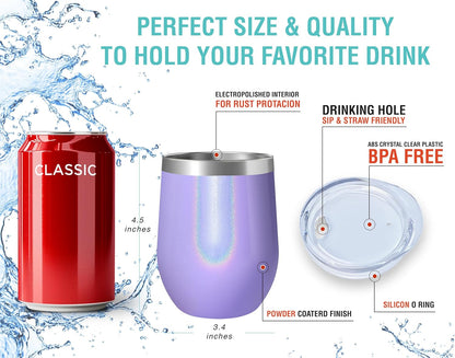 12 oz Stainless Steel Wine Tumblers 2 Pack - Double Wall Vacuum Insulated Wine Glasses Cups with Lids and Straws Set Keeping Cold & Hot for Coffee, Beer, Ice Cream - Dishwasher Safe