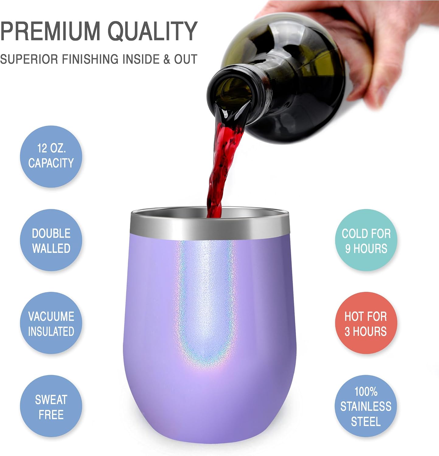 12 oz Stainless Steel Wine Tumblers 2 Pack - Double Wall Vacuum Insulated Wine Glasses Cups with Lids and Straws Set Keeping Cold & Hot for Coffee, Beer, Ice Cream - Dishwasher Safe