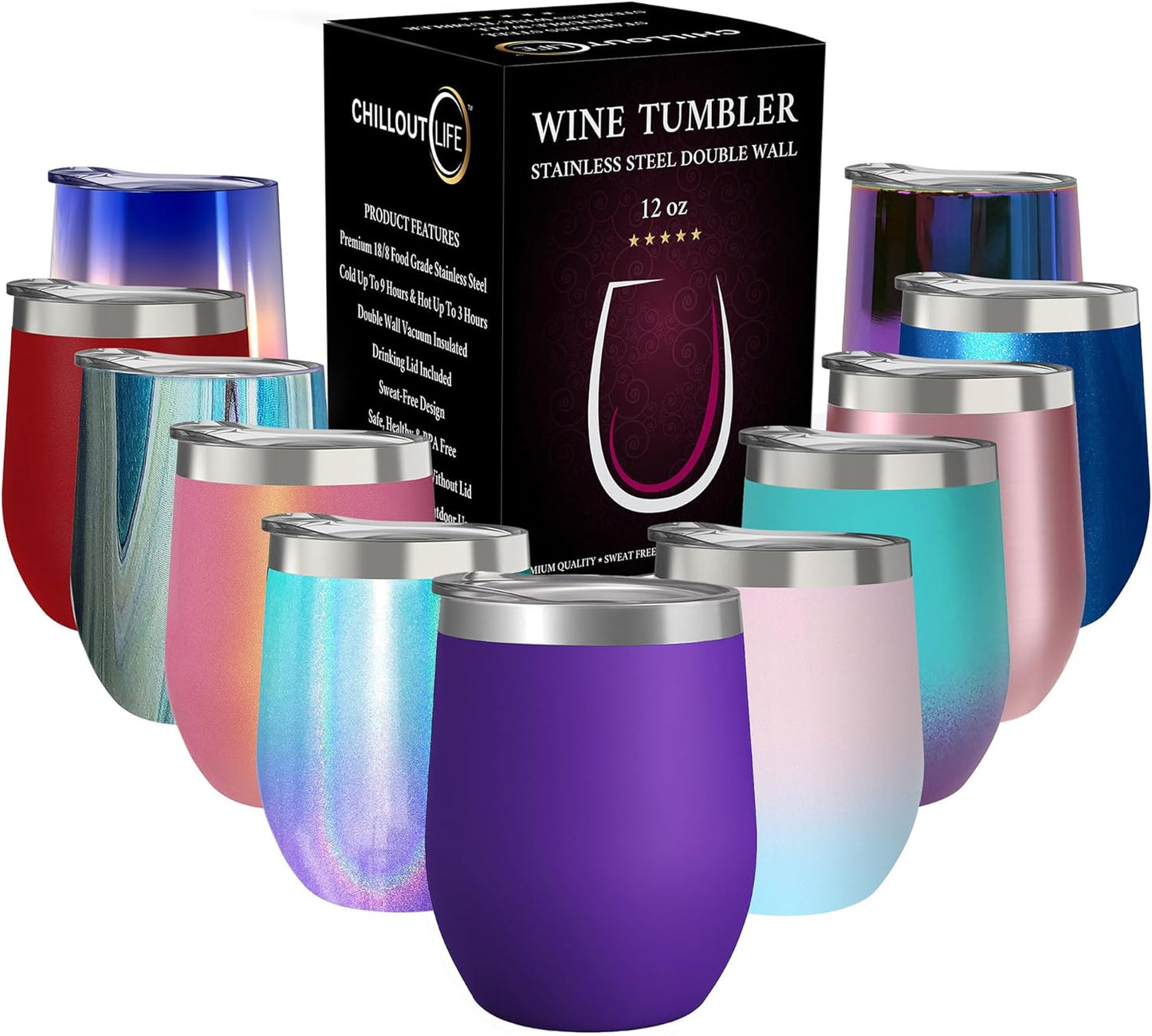 12 oz Stainless Steel Wine Tumblers 2 Pack - Double Wall Vacuum Insulated Wine Glasses Cups with Lids and Straws Set Keeping Cold & Hot for Coffee, Beer, Ice Cream - Dishwasher Safe