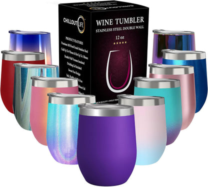 12 oz Stainless Steel Wine Tumblers 2 Pack - Double Wall Vacuum Insulated Wine Glasses Cups with Lids and Straws Set Keeping Cold & Hot for Coffee, Beer, Ice Cream - Dishwasher Safe