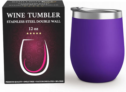 12 oz Stainless Steel Wine Tumblers 2 Pack - Double Wall Vacuum Insulated Wine Glasses Cups with Lids and Straws Set Keeping Cold & Hot for Coffee, Beer, Ice Cream - Dishwasher Safe