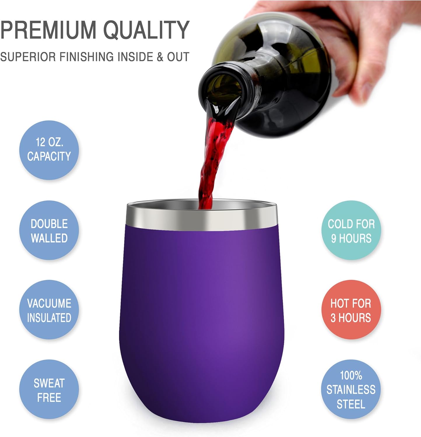 12 oz Stainless Steel Wine Tumblers 2 Pack - Double Wall Vacuum Insulated Wine Glasses Cups with Lids and Straws Set Keeping Cold & Hot for Coffee, Beer, Ice Cream - Dishwasher Safe
