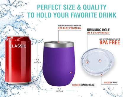 12 oz Stainless Steel Wine Tumblers 2 Pack - Double Wall Vacuum Insulated Wine Glasses Cups with Lids and Straws Set Keeping Cold & Hot for Coffee, Beer, Ice Cream - Dishwasher Safe