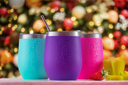 12 oz Stainless Steel Wine Tumblers 2 Pack - Double Wall Vacuum Insulated Wine Glasses Cups with Lids and Straws Set Keeping Cold & Hot for Coffee, Beer, Ice Cream - Dishwasher Safe