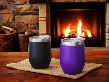 12 oz Stainless Steel Wine Tumblers 2 Pack - Double Wall Vacuum Insulated Wine Glasses Cups with Lids and Straws Set Keeping Cold & Hot for Coffee, Beer, Ice Cream - Dishwasher Safe
