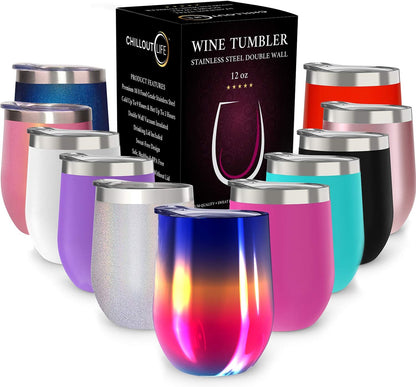 12 oz Stainless Steel Wine Tumblers 2 Pack - Double Wall Vacuum Insulated Wine Glasses Cups with Lids and Straws Set Keeping Cold & Hot for Coffee, Beer, Ice Cream - Dishwasher Safe