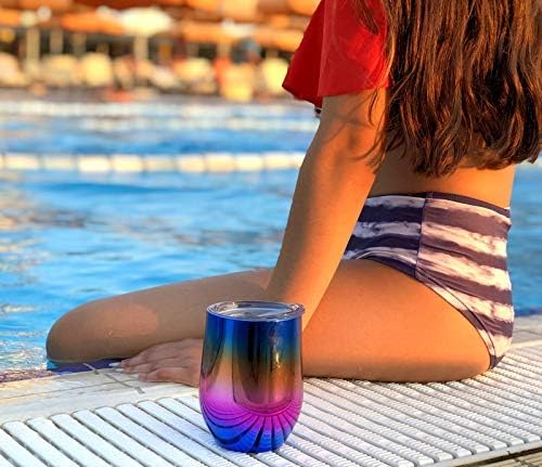12 oz Stainless Steel Wine Tumblers 2 Pack - Double Wall Vacuum Insulated Wine Glasses Cups with Lids and Straws Set Keeping Cold & Hot for Coffee, Beer, Ice Cream - Dishwasher Safe