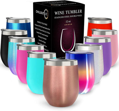 12 oz Stainless Steel Wine Tumblers 2 Pack - Double Wall Vacuum Insulated Wine Glasses Cups with Lids and Straws Set Keeping Cold & Hot for Coffee, Beer, Ice Cream - Dishwasher Safe