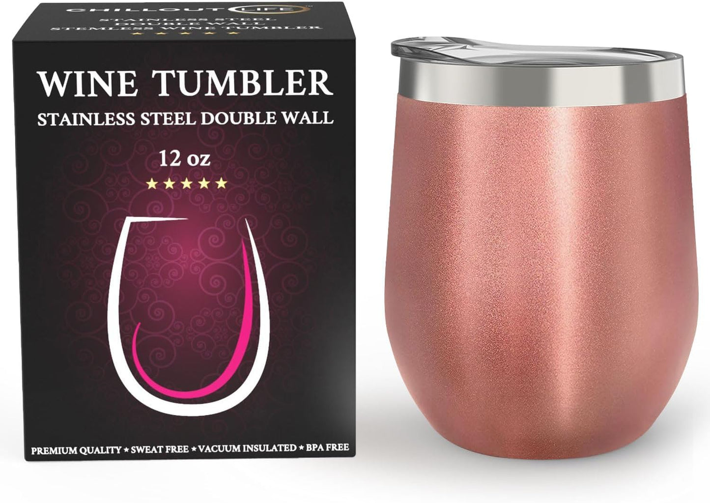 12 oz Stainless Steel Wine Tumblers 2 Pack - Double Wall Vacuum Insulated Wine Glasses Cups with Lids and Straws Set Keeping Cold & Hot for Coffee, Beer, Ice Cream - Dishwasher Safe