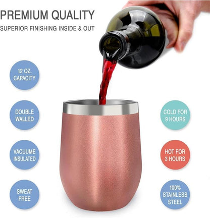 12 oz Stainless Steel Wine Tumblers 2 Pack - Double Wall Vacuum Insulated Wine Glasses Cups with Lids and Straws Set Keeping Cold & Hot for Coffee, Beer, Ice Cream - Dishwasher Safe