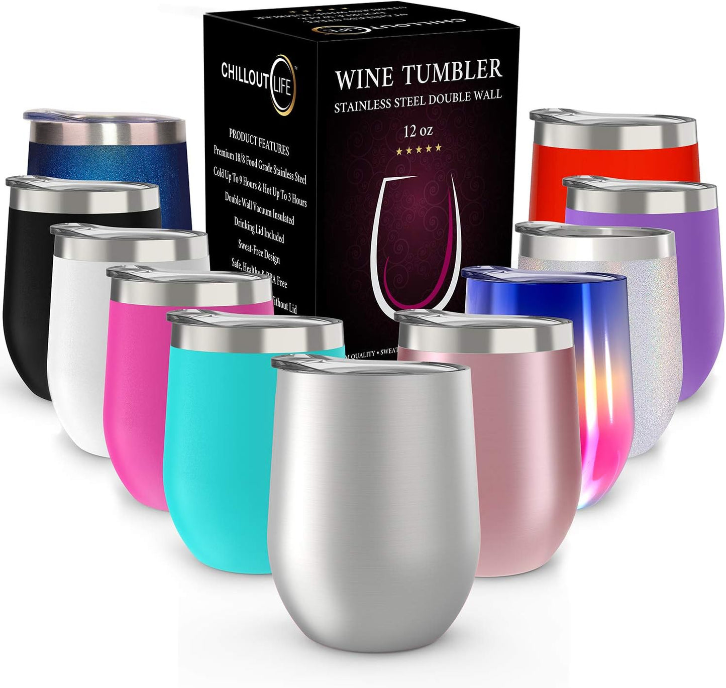 12 oz Stainless Steel Wine Tumblers 2 Pack - Double Wall Vacuum Insulated Wine Glasses Cups with Lids and Straws Set Keeping Cold & Hot for Coffee, Beer, Ice Cream - Dishwasher Safe