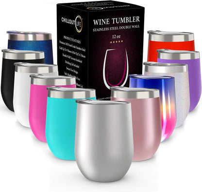 12 oz Stainless Steel Wine Tumblers 2 Pack - Double Wall Vacuum Insulated Wine Glasses Cups with Lids and Straws Set Keeping Cold & Hot for Coffee, Beer, Ice Cream - Dishwasher Safe