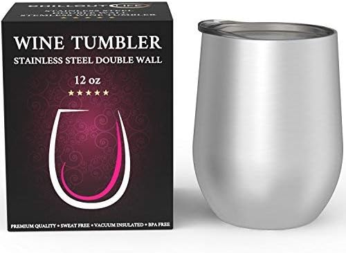 12 oz Stainless Steel Wine Tumblers 2 Pack - Double Wall Vacuum Insulated Wine Glasses Cups with Lids and Straws Set Keeping Cold & Hot for Coffee, Beer, Ice Cream - Dishwasher Safe