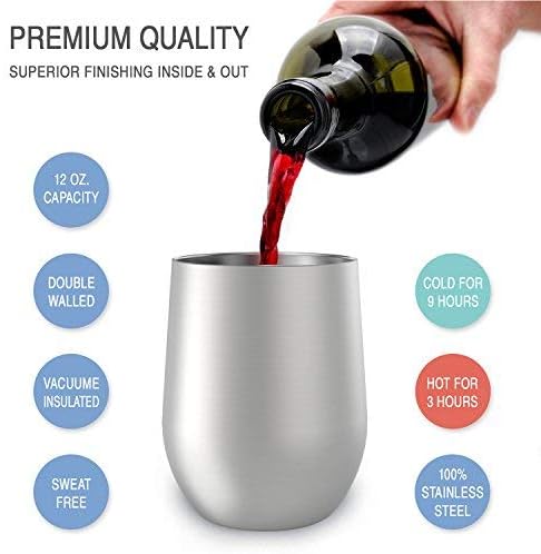 12 oz Stainless Steel Wine Tumblers 2 Pack - Double Wall Vacuum Insulated Wine Glasses Cups with Lids and Straws Set Keeping Cold & Hot for Coffee, Beer, Ice Cream - Dishwasher Safe