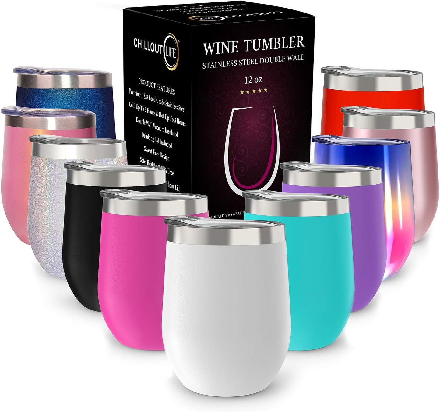 12 oz Stainless Steel Wine Tumblers 2 Pack - Double Wall Vacuum Insulated Wine Glasses Cups with Lids and Straws Set Keeping Cold & Hot for Coffee, Beer, Ice Cream - Dishwasher Safe