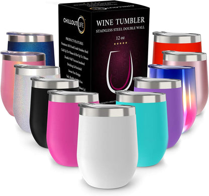 12 oz Stainless Steel Wine Tumblers 2 Pack - Double Wall Vacuum Insulated Wine Glasses Cups with Lids and Straws Set Keeping Cold & Hot for Coffee, Beer, Ice Cream - Dishwasher Safe