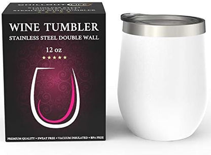 12 oz Stainless Steel Wine Tumblers 2 Pack - Double Wall Vacuum Insulated Wine Glasses Cups with Lids and Straws Set Keeping Cold & Hot for Coffee, Beer, Ice Cream - Dishwasher Safe