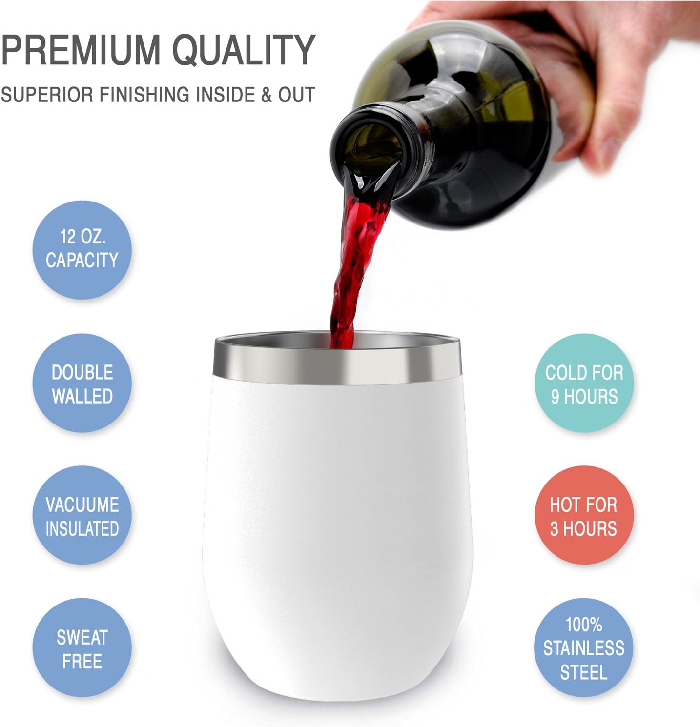 12 oz Stainless Steel Wine Tumblers 2 Pack - Double Wall Vacuum Insulated Wine Glasses Cups with Lids and Straws Set Keeping Cold & Hot for Coffee, Beer, Ice Cream - Dishwasher Safe