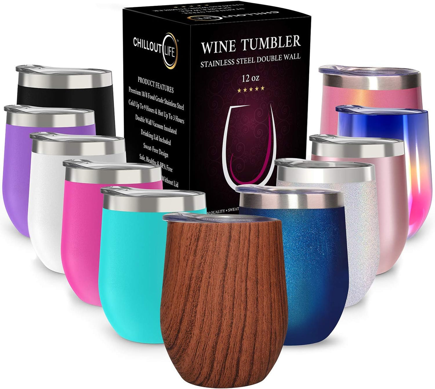 12 oz Stainless Steel Wine Tumblers 2 Pack - Double Wall Vacuum Insulated Wine Glasses Cups with Lids and Straws Set Keeping Cold & Hot for Coffee, Beer, Ice Cream - Dishwasher Safe