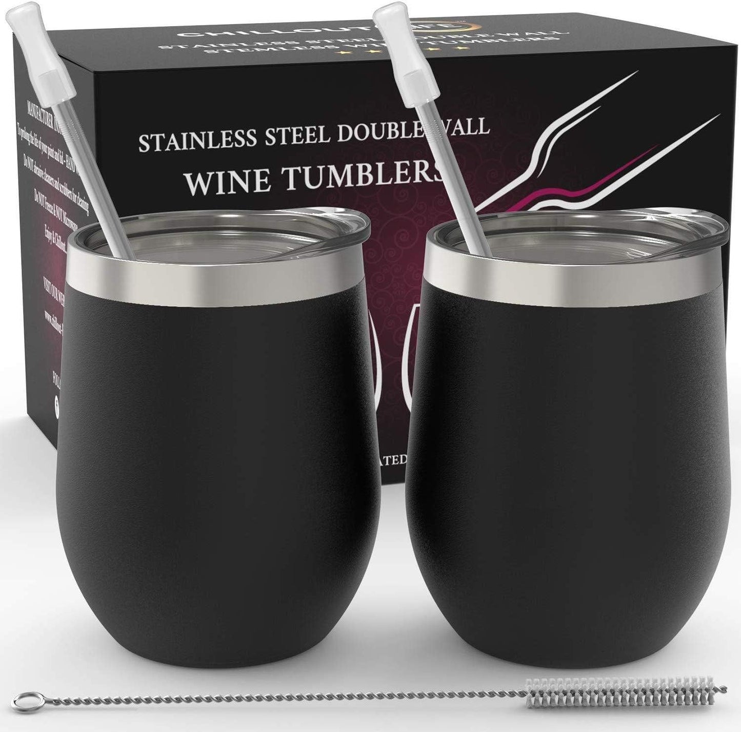 12 oz Stainless Steel Wine Tumblers 2 Pack - Double Wall Vacuum Insulated Wine Glasses Cups with Lids and Straws Set Keeping Cold & Hot for Coffee, Beer, Ice Cream - Dishwasher Safe
