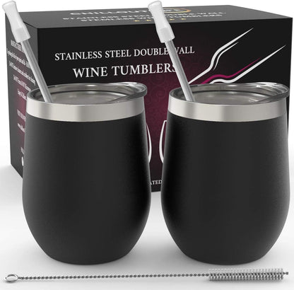 12 oz Stainless Steel Wine Tumblers 2 Pack - Double Wall Vacuum Insulated Wine Glasses Cups with Lids and Straws Set Keeping Cold & Hot for Coffee, Beer, Ice Cream - Dishwasher Safe