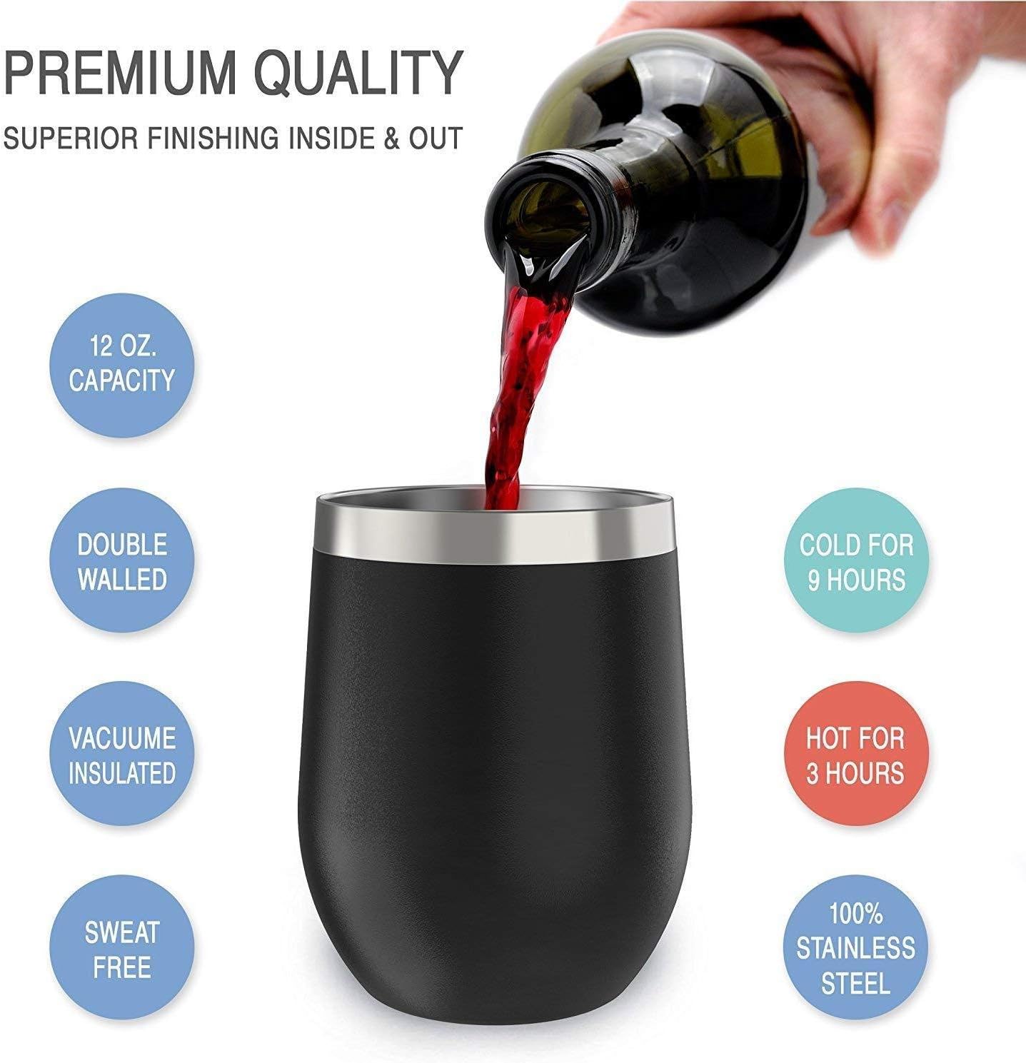 12 oz Stainless Steel Wine Tumblers 2 Pack - Double Wall Vacuum Insulated Wine Glasses Cups with Lids and Straws Set Keeping Cold & Hot for Coffee, Beer, Ice Cream - Dishwasher Safe
