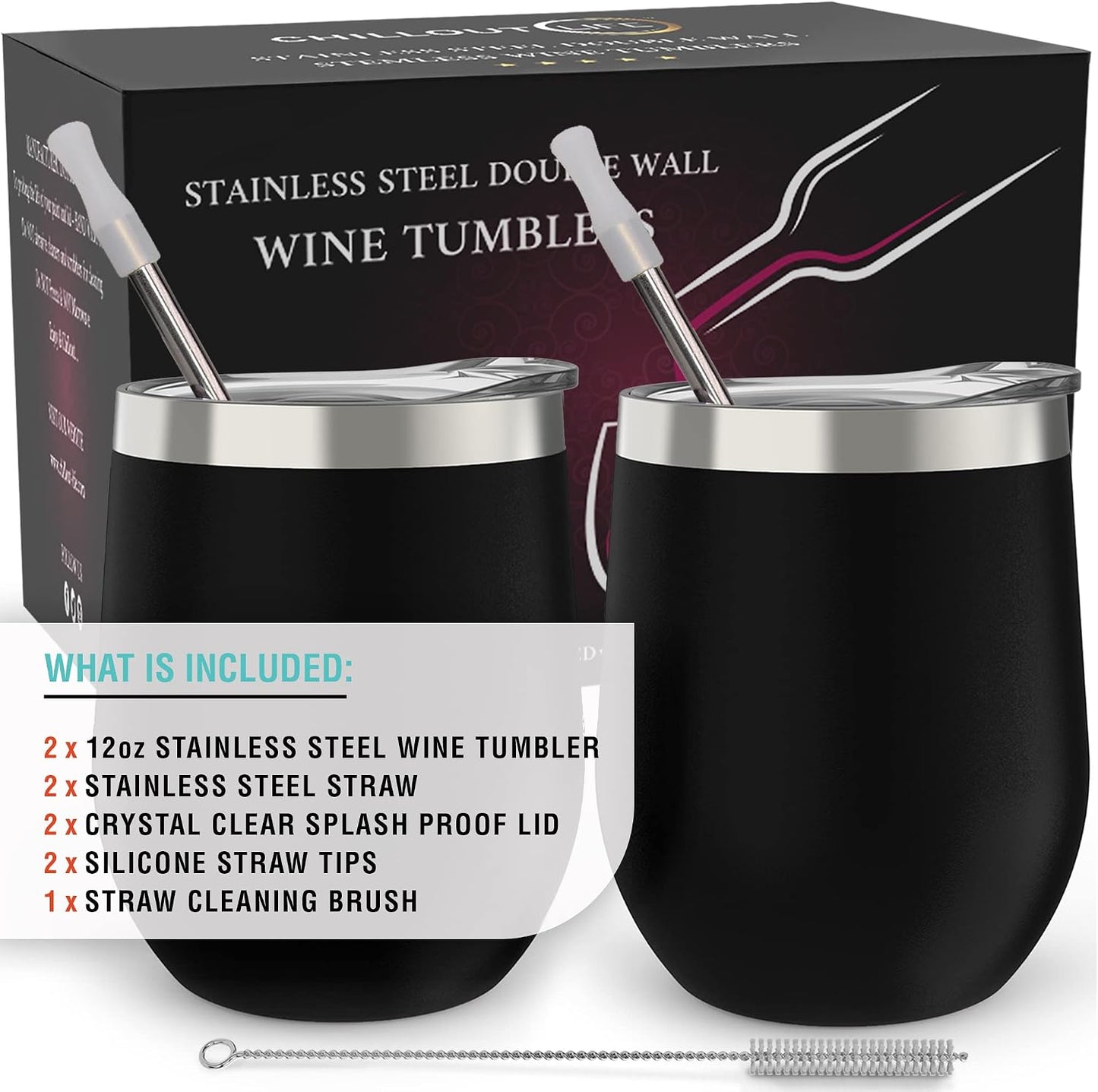 12 oz Stainless Steel Wine Tumblers 2 Pack - Double Wall Vacuum Insulated Wine Glasses Cups with Lids and Straws Set Keeping Cold & Hot for Coffee, Beer, Ice Cream - Dishwasher Safe