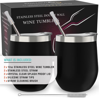12 oz Stainless Steel Wine Tumblers 2 Pack - Double Wall Vacuum Insulated Wine Glasses Cups with Lids and Straws Set Keeping Cold & Hot for Coffee, Beer, Ice Cream - Dishwasher Safe