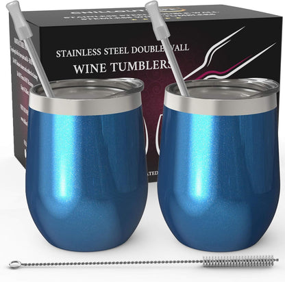 12 oz Stainless Steel Wine Tumblers 2 Pack - Double Wall Vacuum Insulated Wine Glasses Cups with Lids and Straws Set Keeping Cold & Hot for Coffee, Beer, Ice Cream - Dishwasher Safe