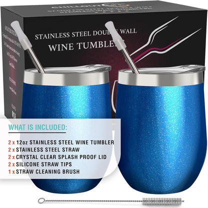 12 oz Stainless Steel Wine Tumblers 2 Pack - Double Wall Vacuum Insulated Wine Glasses Cups with Lids and Straws Set Keeping Cold & Hot for Coffee, Beer, Ice Cream - Dishwasher Safe