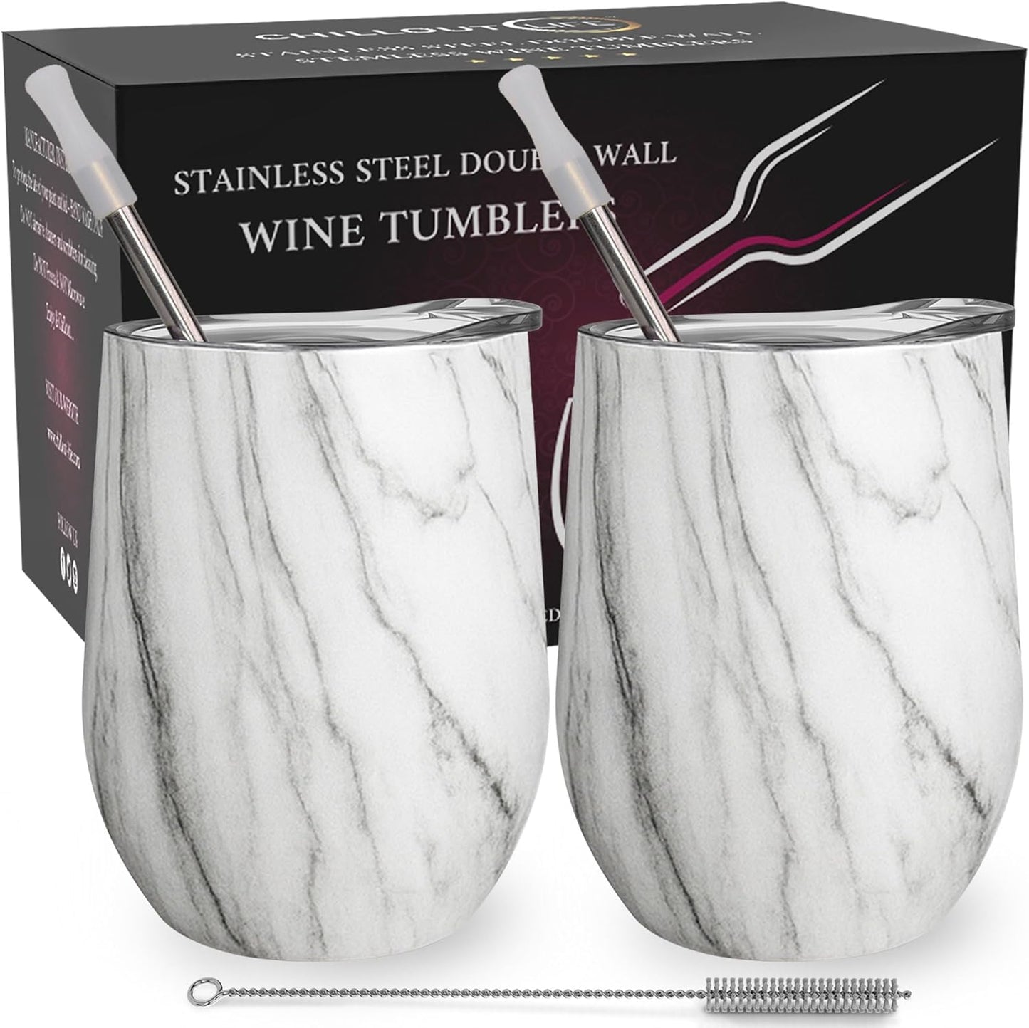 12 oz Stainless Steel Wine Tumblers 2 Pack - Double Wall Vacuum Insulated Wine Glasses Cups with Lids and Straws Set Keeping Cold & Hot for Coffee, Beer, Ice Cream - Dishwasher Safe