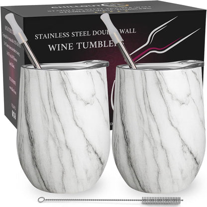 12 oz Stainless Steel Wine Tumblers 2 Pack - Double Wall Vacuum Insulated Wine Glasses Cups with Lids and Straws Set Keeping Cold & Hot for Coffee, Beer, Ice Cream - Dishwasher Safe