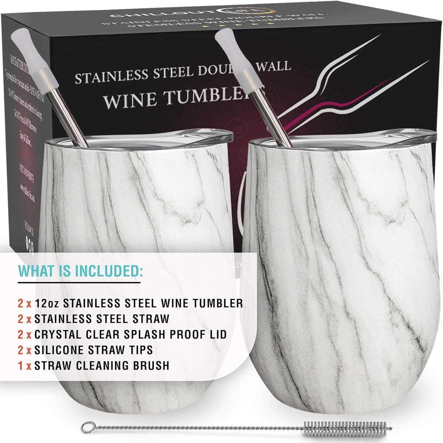 12 oz Stainless Steel Wine Tumblers 2 Pack - Double Wall Vacuum Insulated Wine Glasses Cups with Lids and Straws Set Keeping Cold & Hot for Coffee, Beer, Ice Cream - Dishwasher Safe