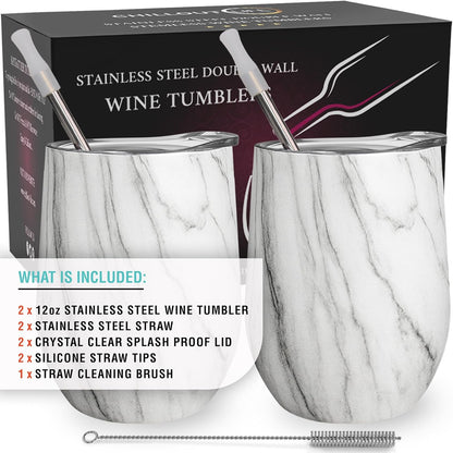 12 oz Stainless Steel Wine Tumblers 2 Pack - Double Wall Vacuum Insulated Wine Glasses Cups with Lids and Straws Set Keeping Cold & Hot for Coffee, Beer, Ice Cream - Dishwasher Safe