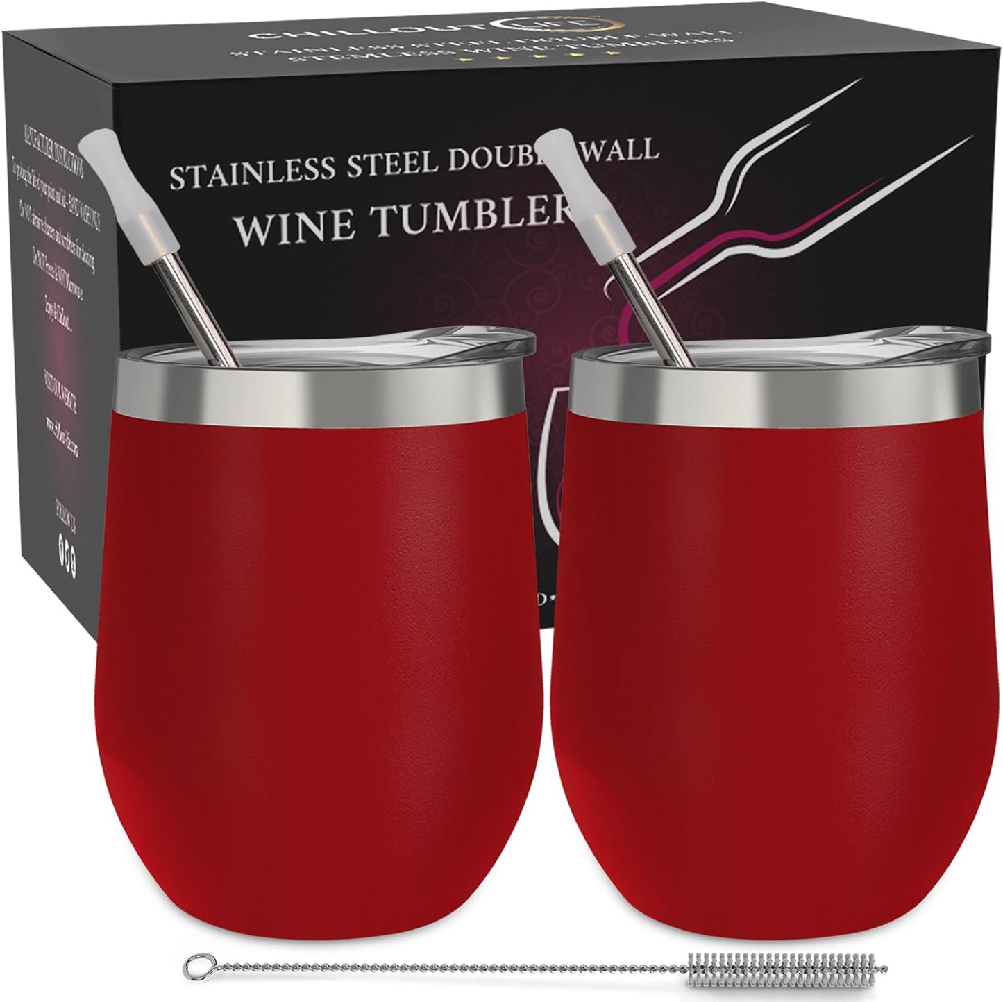 12 oz Stainless Steel Wine Tumblers 2 Pack - Double Wall Vacuum Insulated Wine Glasses Cups with Lids and Straws Set Keeping Cold & Hot for Coffee, Beer, Ice Cream - Dishwasher Safe
