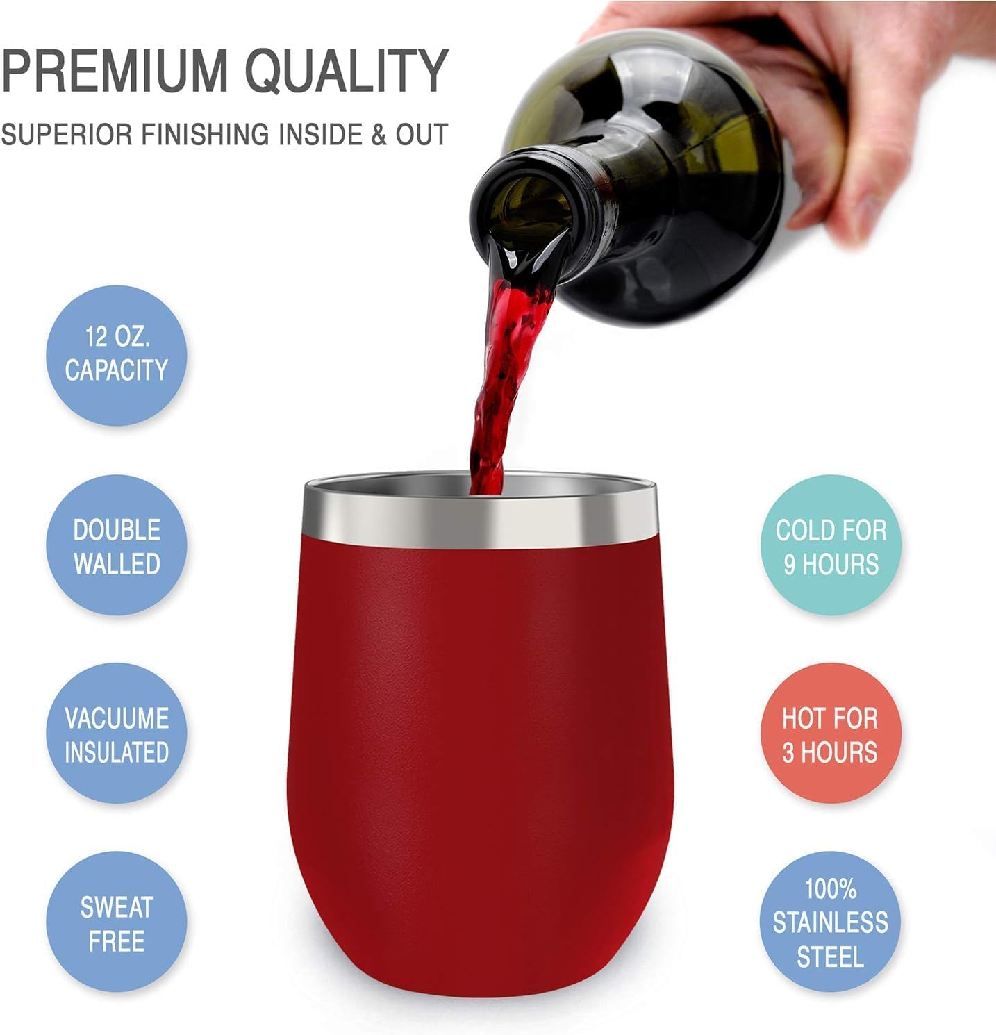 12 oz Stainless Steel Wine Tumblers 2 Pack - Double Wall Vacuum Insulated Wine Glasses Cups with Lids and Straws Set Keeping Cold & Hot for Coffee, Beer, Ice Cream - Dishwasher Safe