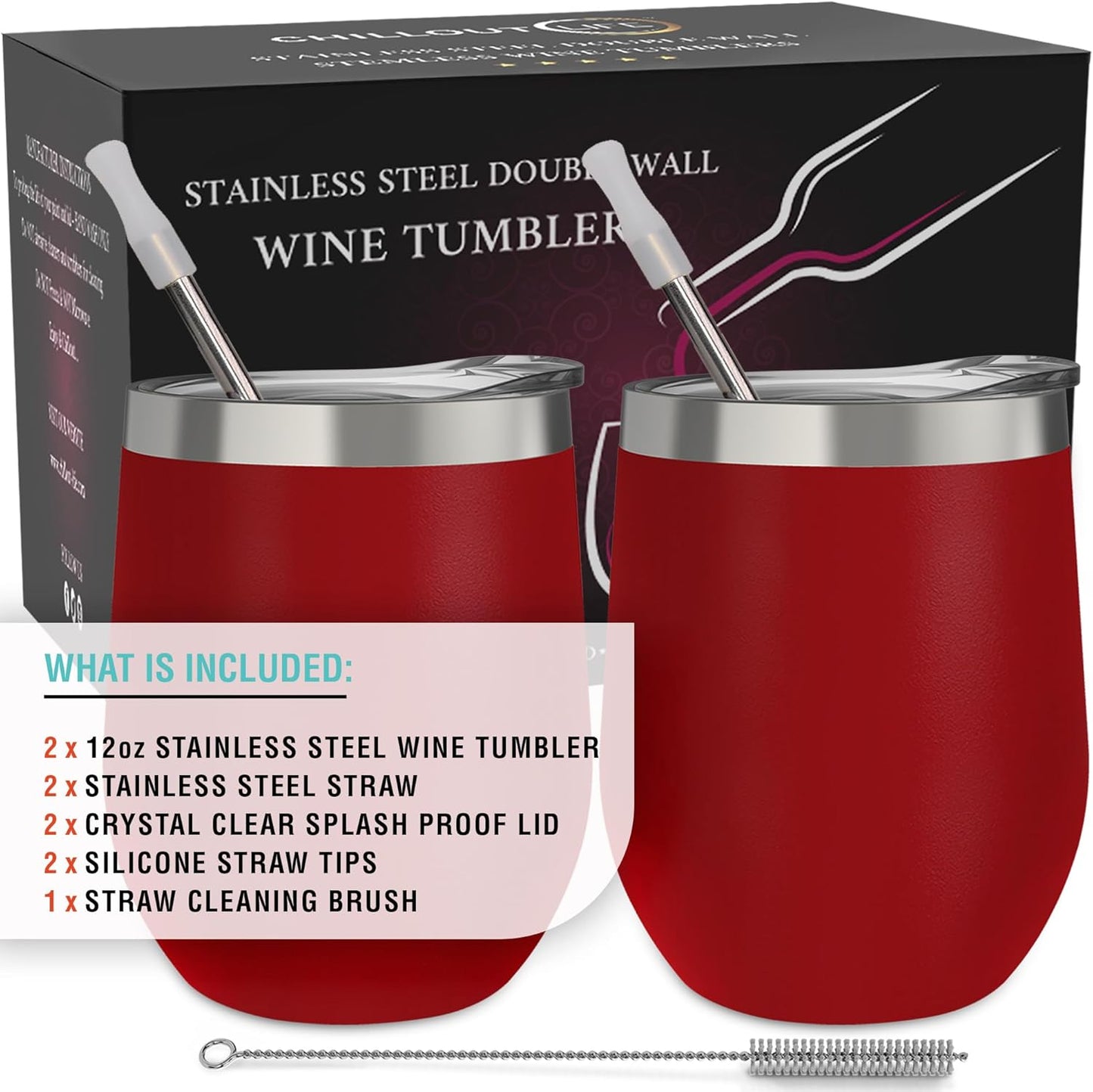 12 oz Stainless Steel Wine Tumblers 2 Pack - Double Wall Vacuum Insulated Wine Glasses Cups with Lids and Straws Set Keeping Cold & Hot for Coffee, Beer, Ice Cream - Dishwasher Safe