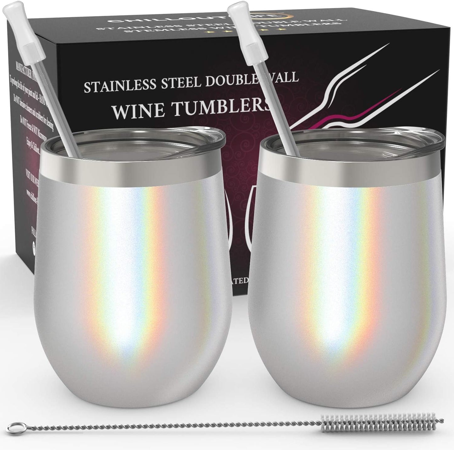 12 oz Stainless Steel Wine Tumblers 2 Pack - Double Wall Vacuum Insulated Wine Glasses Cups with Lids and Straws Set Keeping Cold & Hot for Coffee, Beer, Ice Cream - Dishwasher Safe