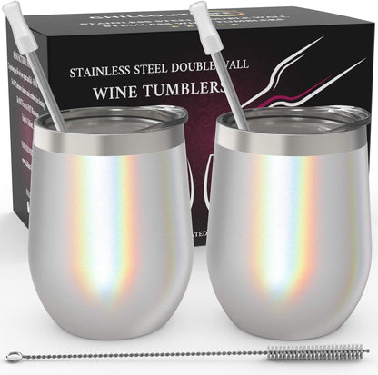 12 oz Stainless Steel Wine Tumblers 2 Pack - Double Wall Vacuum Insulated Wine Glasses Cups with Lids and Straws Set Keeping Cold & Hot for Coffee, Beer, Ice Cream - Dishwasher Safe