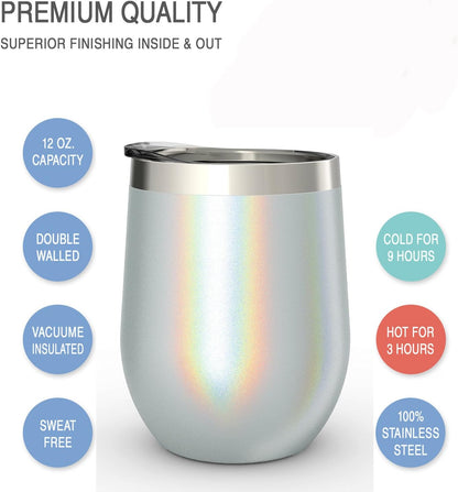 12 oz Stainless Steel Wine Tumblers 2 Pack - Double Wall Vacuum Insulated Wine Glasses Cups with Lids and Straws Set Keeping Cold & Hot for Coffee, Beer, Ice Cream - Dishwasher Safe