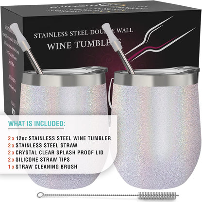12 oz Stainless Steel Wine Tumblers 2 Pack - Double Wall Vacuum Insulated Wine Glasses Cups with Lids and Straws Set Keeping Cold & Hot for Coffee, Beer, Ice Cream - Dishwasher Safe