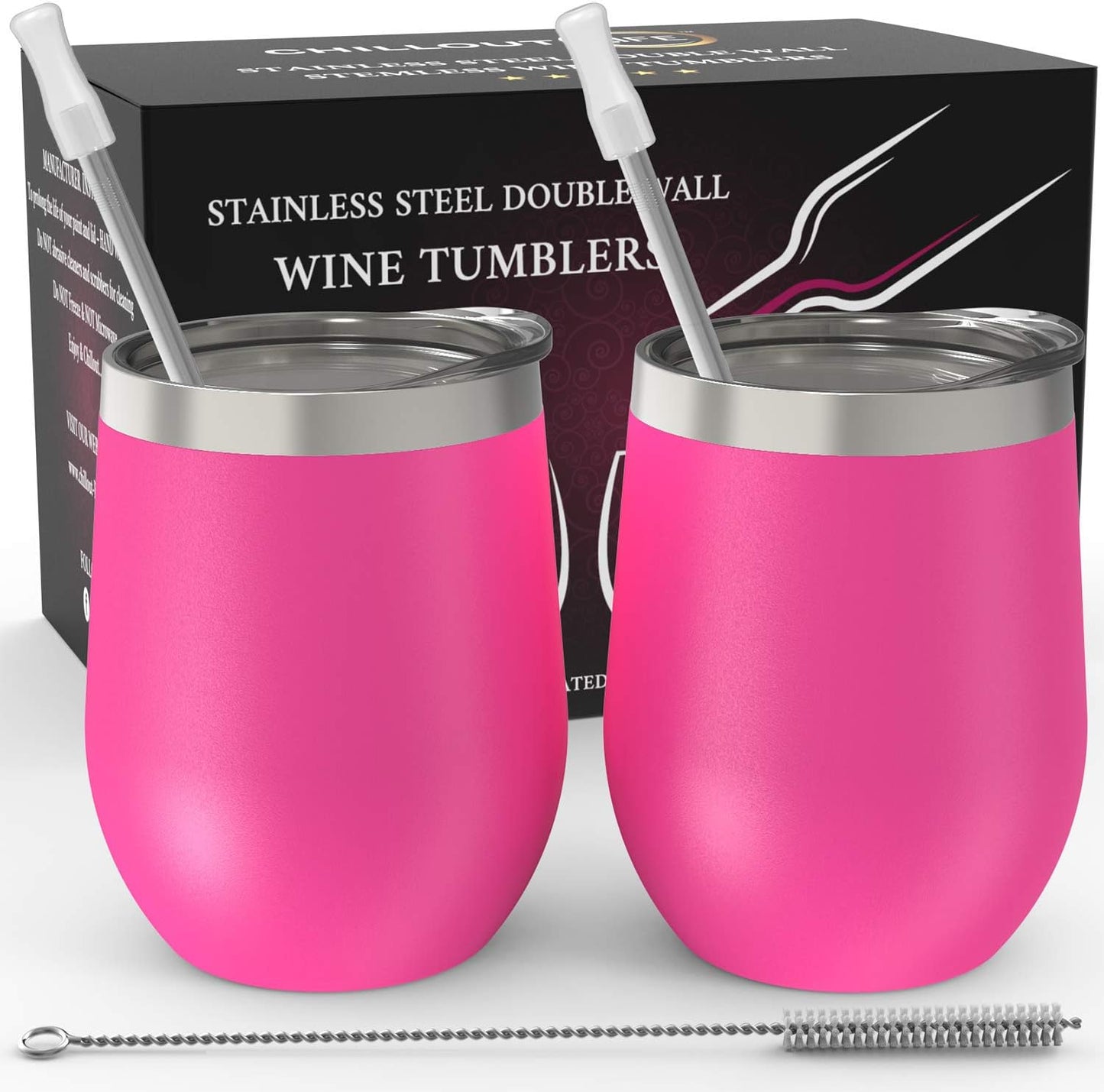 12 oz Stainless Steel Wine Tumblers 2 Pack - Double Wall Vacuum Insulated Wine Glasses Cups with Lids and Straws Set Keeping Cold & Hot for Coffee, Beer, Ice Cream - Dishwasher Safe